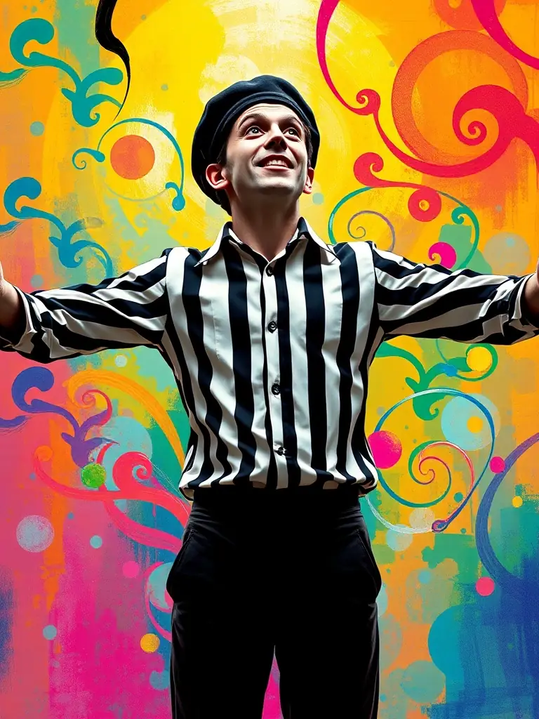 A poster advertising a mime performance, featuring a silhouetted mime artist against a colorful backdrop.