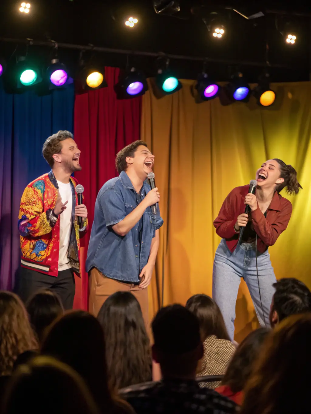 A vibrant image of amateur actors performing a scene on stage, showcasing the energy and passion of community theatre.