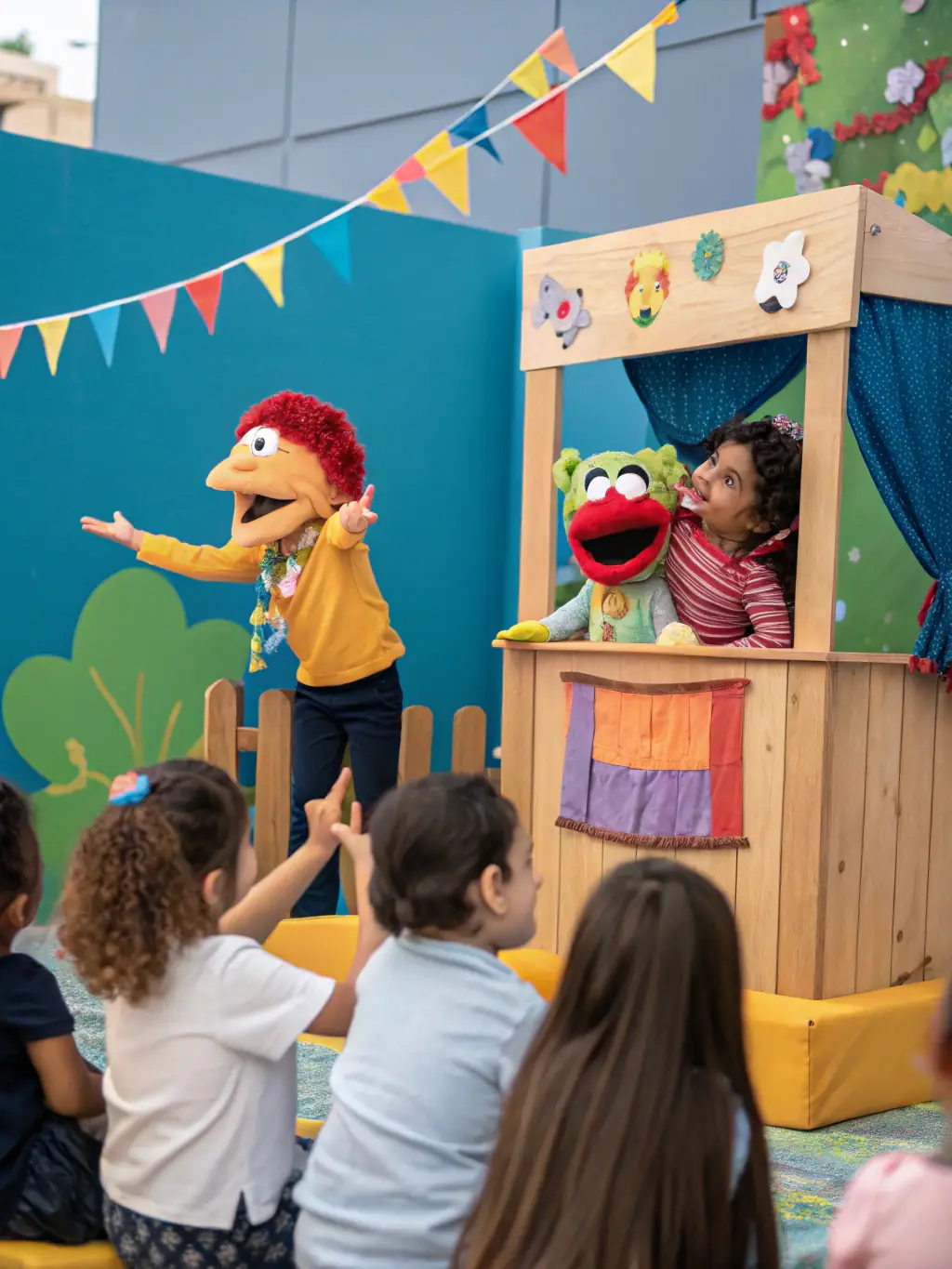 A promotional image for an upcoming puppetry workshop, showcasing colorful puppets and children engaged in creative play.