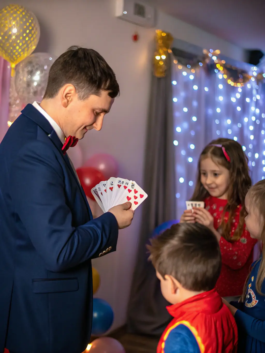A captivating image of a magician performing a trick for an audience, capturing the wonder and excitement of magic shows.