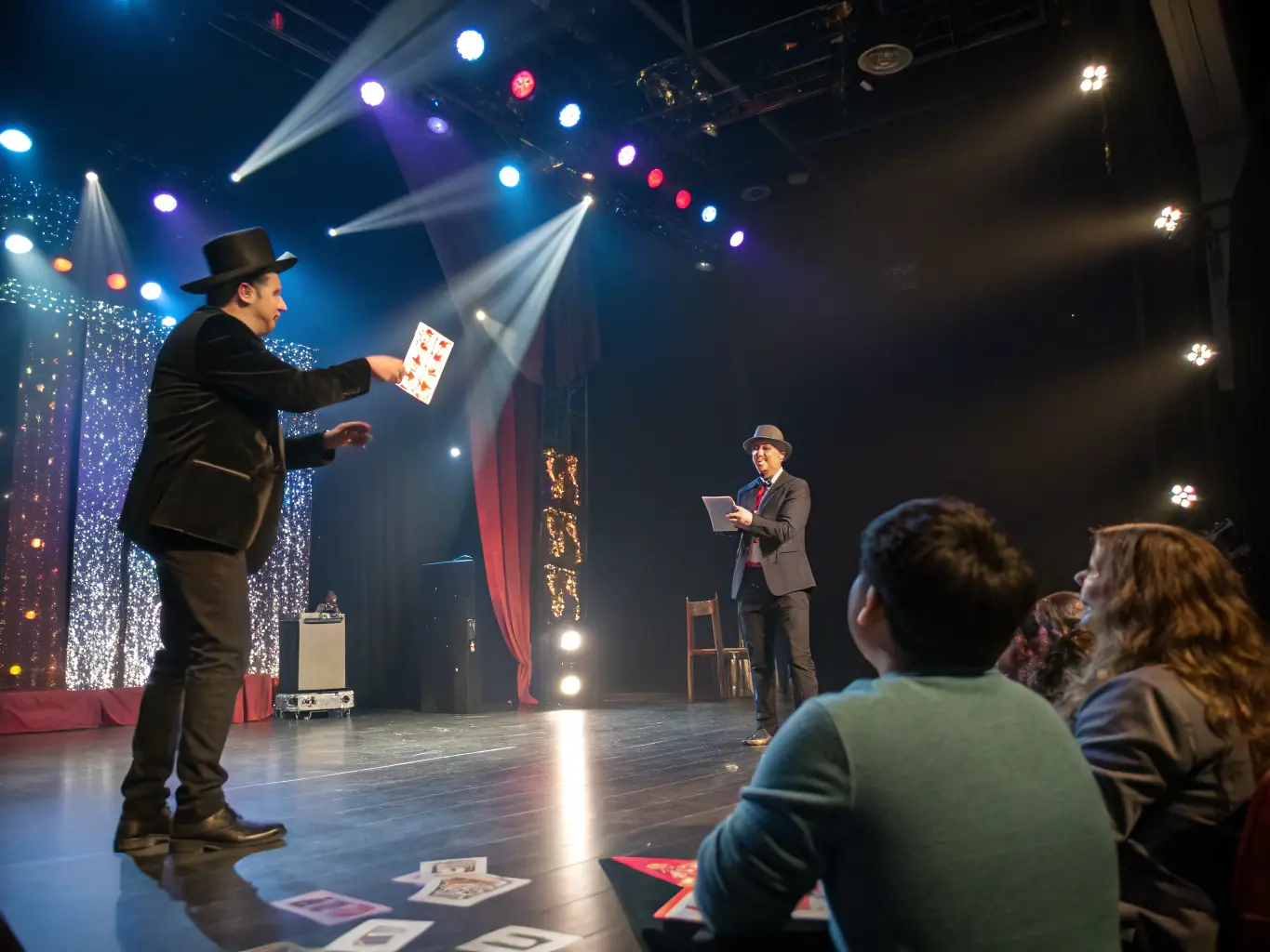 A street performance with magicians entertaining a crowd, with vibrant costumes and engaging acts, highlighting the Magic and Street Arts Events.