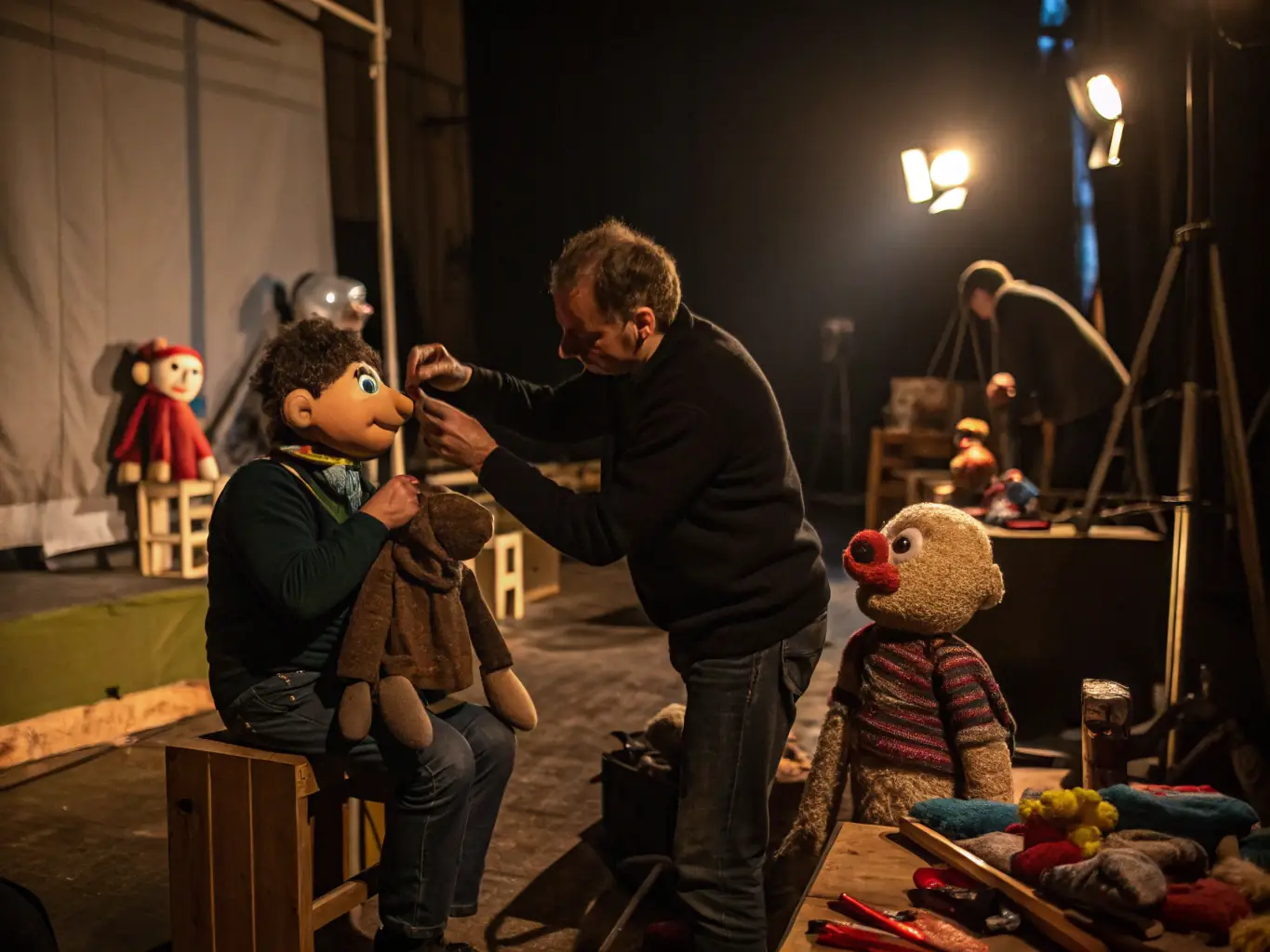 Participants practicing puppetry with colorful puppets and performing mime routines in a bright studio, showcasing the Puppetry and Mime Workshops.